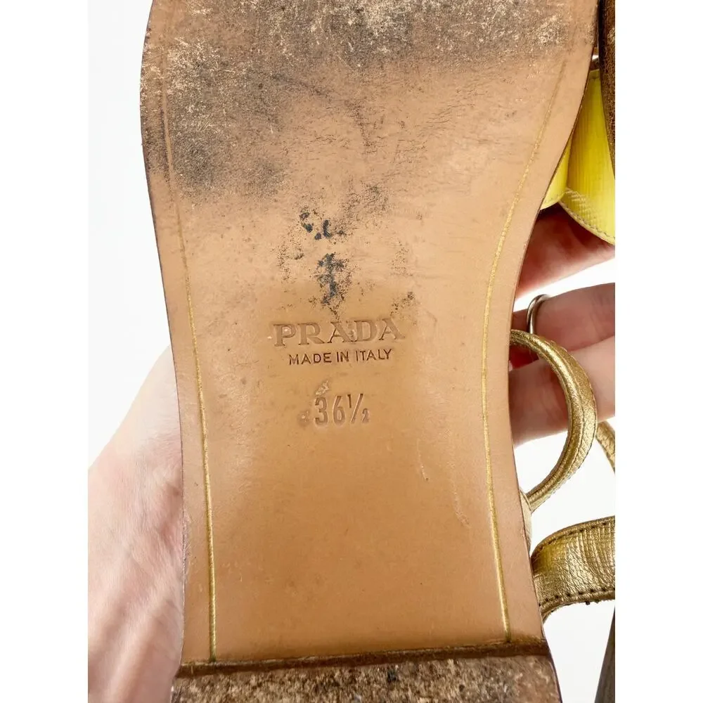 Prada Sandals Yellow Leather Bow T Strap Flat Gladiator Slingback Italy 36.5